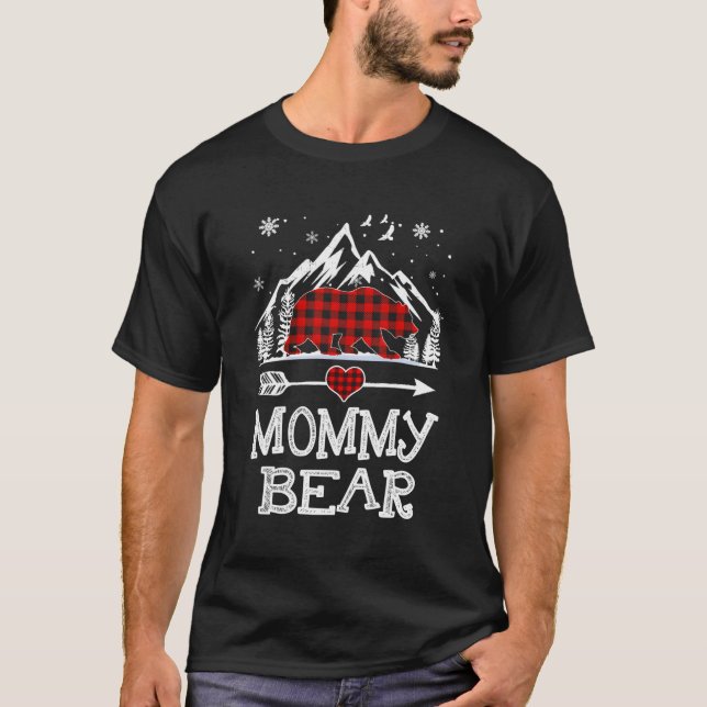Mummy Bear Christmas Pajama Red Plaid Buffalo Fami T-Shirt (Front)