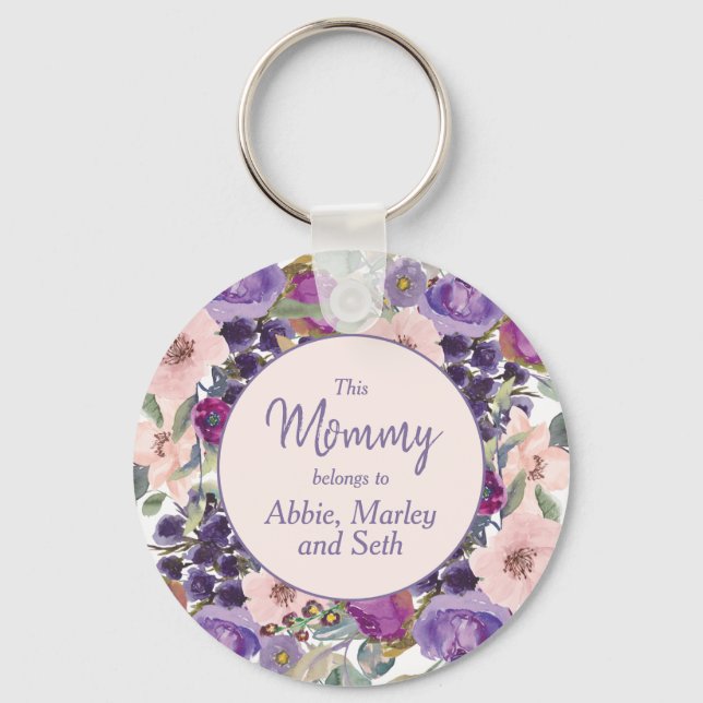 Mummy Belongs to Purple Blush Pink Floral Key Ring (Front)