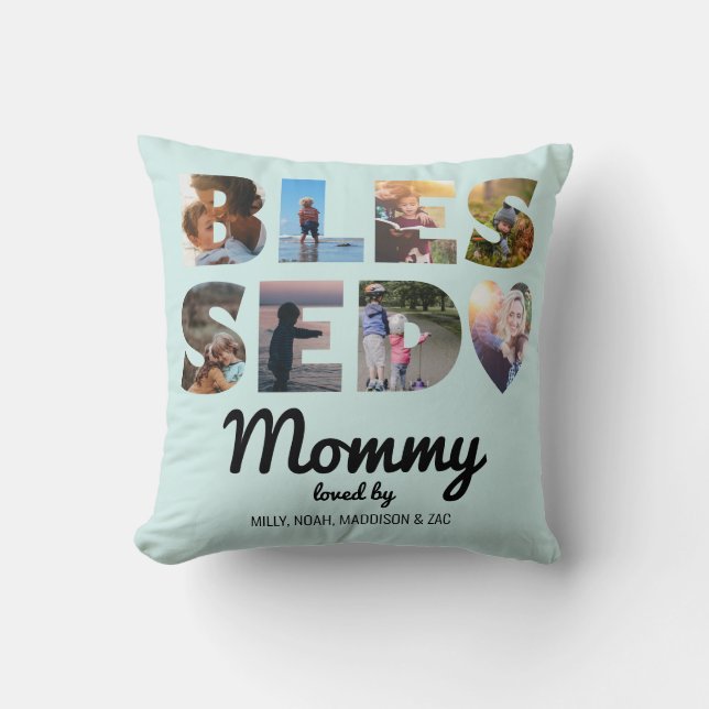 Mummy Blessed Photo Collage Personalised Mint Cushion (Front)