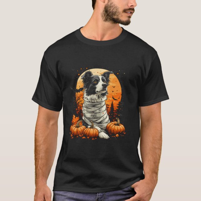 Mummy Border Collie Pumpkin Scary Halloween Dog Lo T-Shirt (Front)