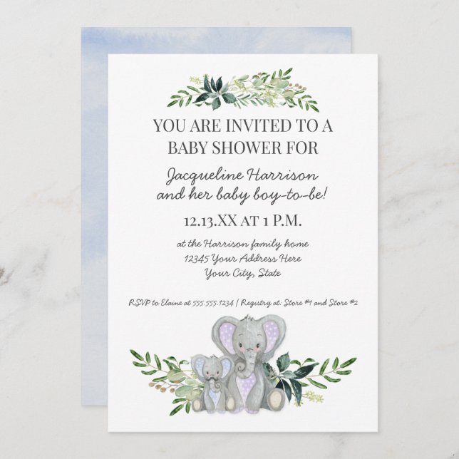 Mummy Boy Baby Elephant Foliage Pastel Blue Shower Invitation (Front/Back)