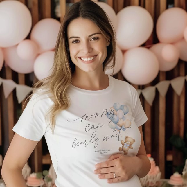 Mummy Can Bearly Wait, Blue Baby Boy Shower T-Shirt (Blue, Mommy can bearly wait, Baby Blue shower mom-to-be t-shirt)