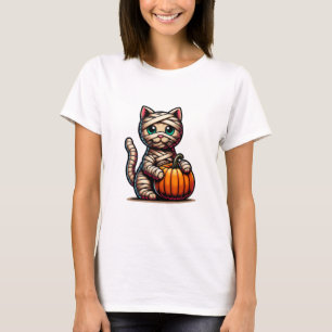 Mummy Cat Halloween T-Shirt –Cute Cat with Pumpkin
