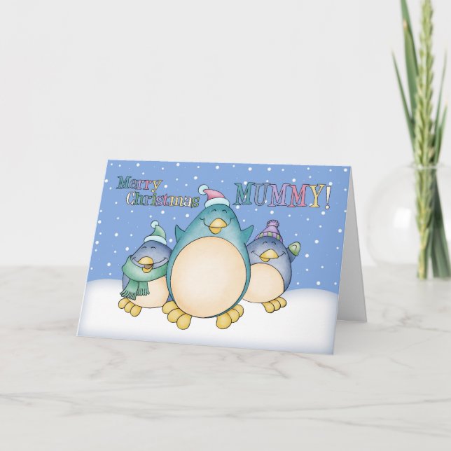 Mummy Christmas Card With Penguins (Front)