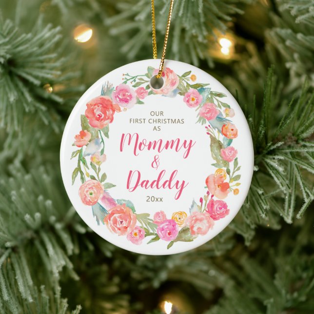 Mummy & Daddy 1st Christmas Floral Personalised Ceramic Tree Decoration (Tree)