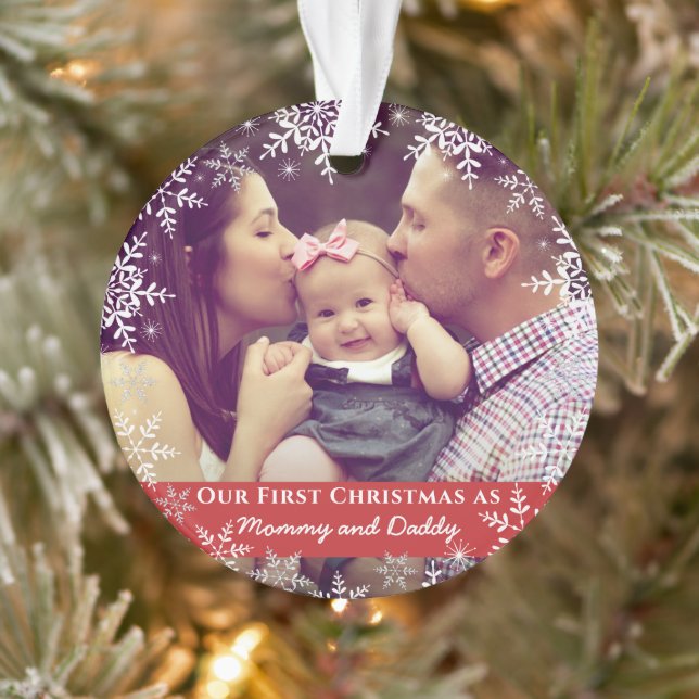 Mummy Daddy First Christmas Snowflakes Red Photo Ornament (Tree)