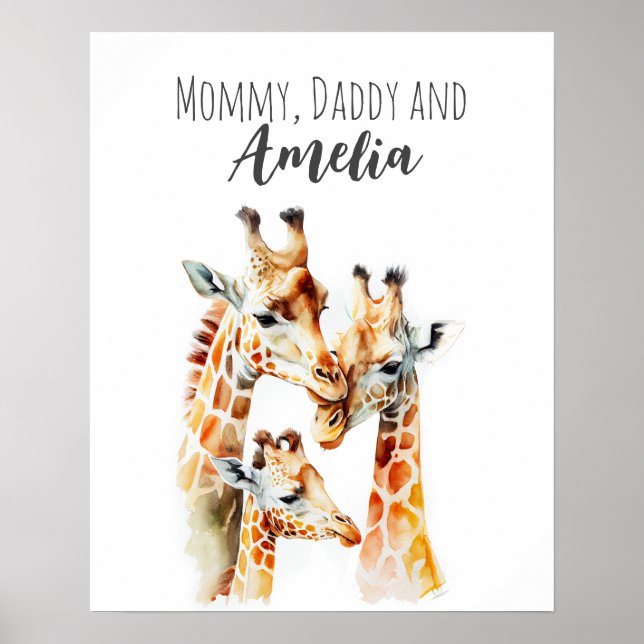 Mummy, daddy & me | Giraffe | Animal Nursery Art Poster (Front)
