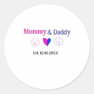 Mummy & Daddy new parents add name date heart blue Classic Round Sticker