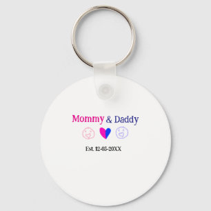 Mummy & Daddy new parents add name date heart blue Key Ring