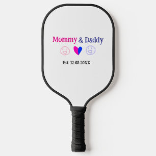 Mummy & Daddy new parents add name date heart blue Pickleball Paddle