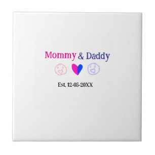 Mummy & Daddy new parents add name date heart blue Tile