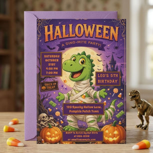 Mummy Dinosaur Halloween 5th Birthday Dino-Mite  Invitation