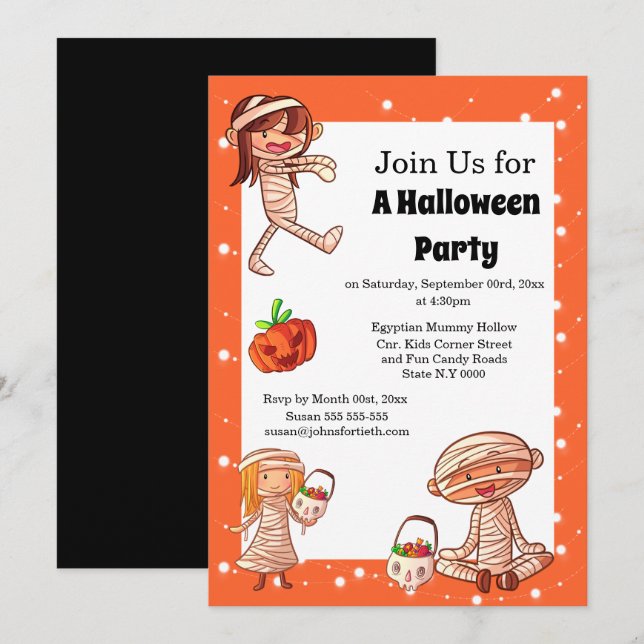 Mummy egyptian cartoon monsters cute kids dress up invitation (Front/Back)