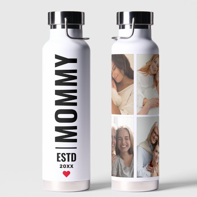  Mummy Established | Custom Date 4 Photo Collage Water Bottle (Creator Uploaded)