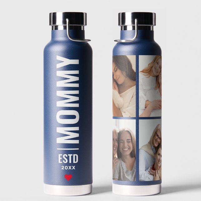  Mummy Established | Custom Date 4 Photo Trendy Water Bottle (Creator Uploaded)