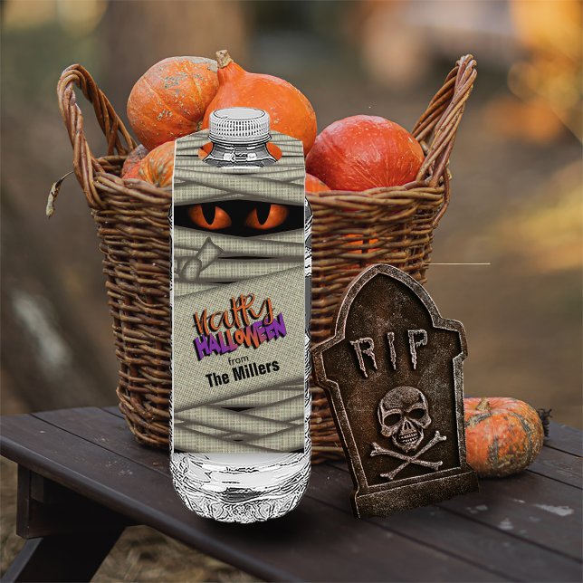 Mummy Eyes Halloween Orange ID685 Bottle Tag (Water Bottle In Situ)