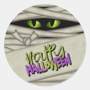 Mummy Eyes Happy Halloween Green/Purple ID685 Classic Round Sticker