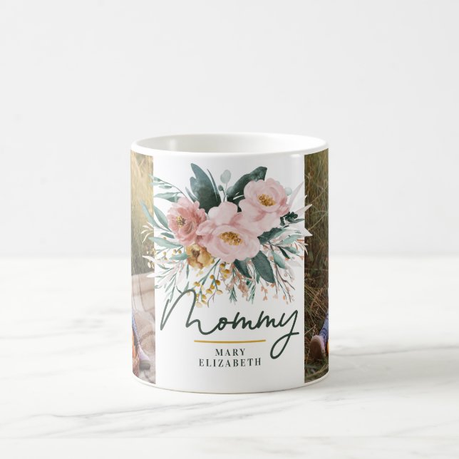 Mummy gift 2 photo pink girly watercolour floral coffee mug (Center)