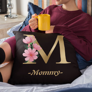Mummy gold typography with flower black  cushion