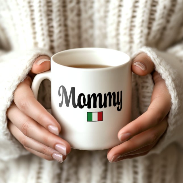 Mummy Italian Flag Mug (Woman's Hands Holding a white mug that says Mommy with an Italian flag icon. Baby shower gift.)