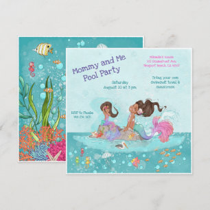 Mummy & Me Pool Girly Turquoise Pink Mermaids Invitation
