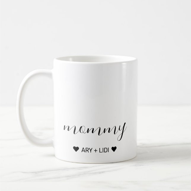 Mummy Modern Chic Script Kids Names Mothers Day Coffee Mug (Left)