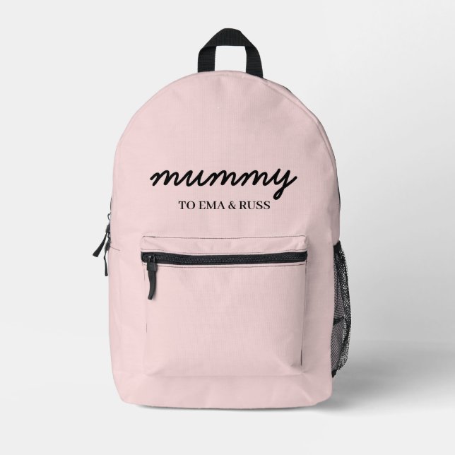Mummy Modern Kids Names Blush Pink Design Printed Backpack (Front)