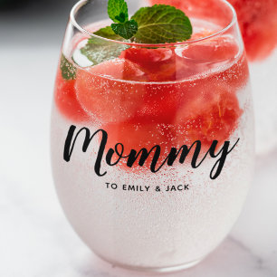 Mummy   Modern Mum Kids Names Mother's Day Stemless Wine Glass