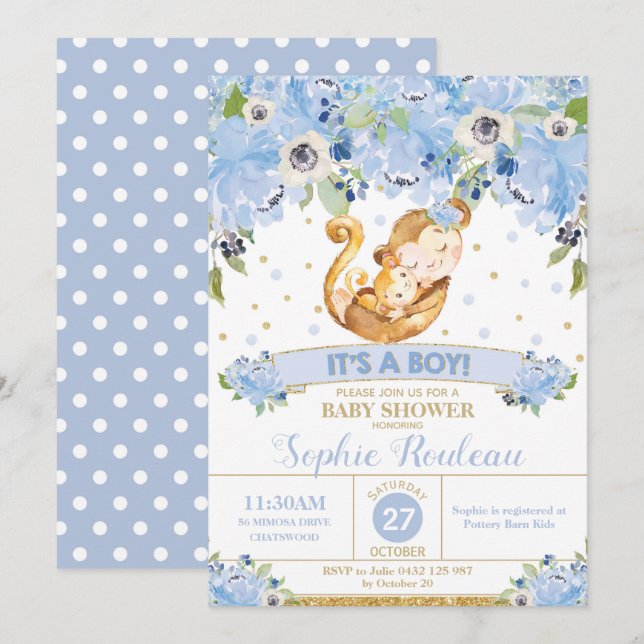 Mummy Monkey and Baby Monkey Baby Shower Baby Boy Invitation (Front/Back)