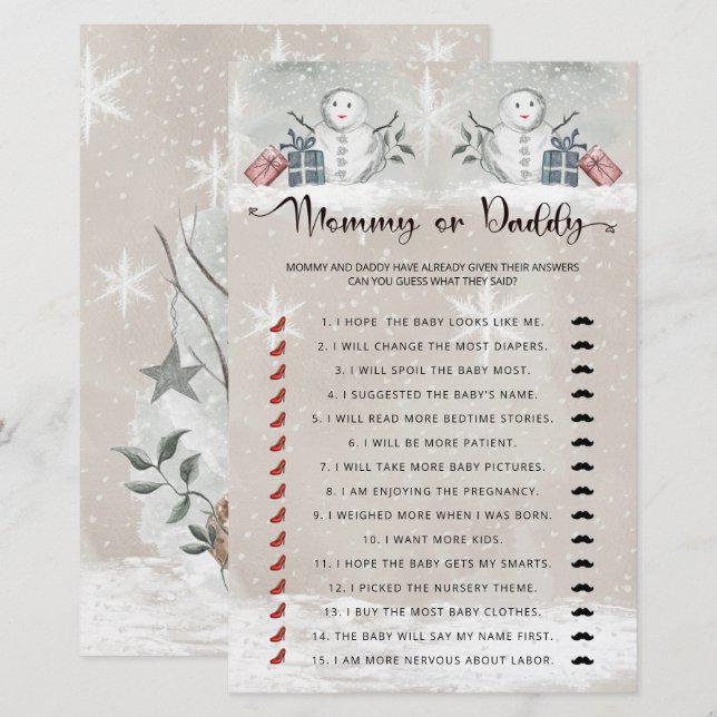 Mummy or daddy baby shower baby game (Front/Back)