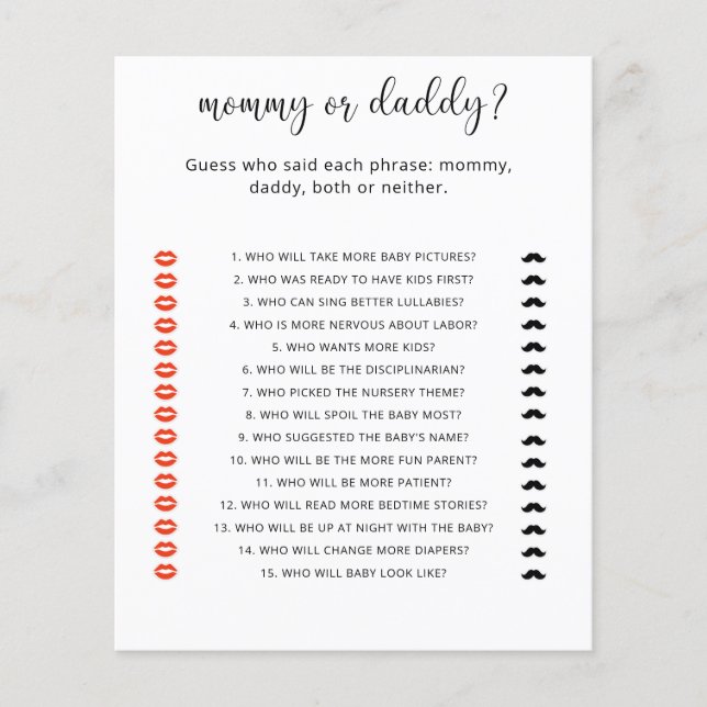 mummy or daddy baby shower game (Front)