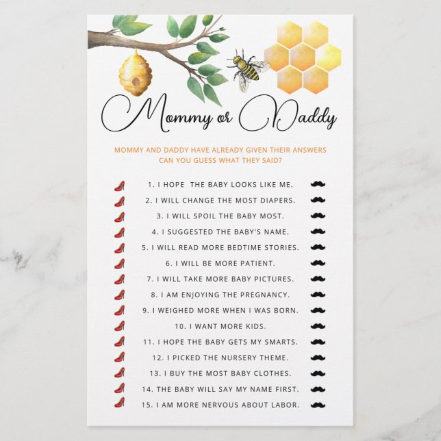 Mummy or daddy baby shower game (Front)
