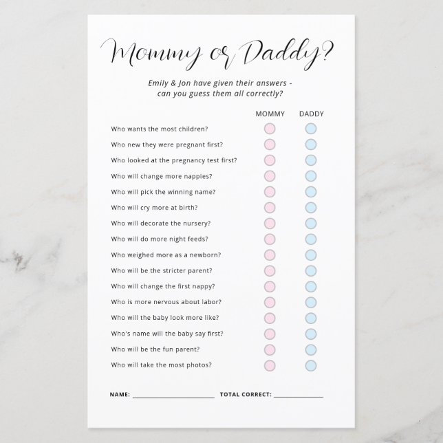 Mummy or Daddy Baby Shower Game (Front)