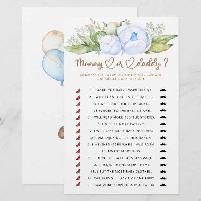 Mummy or daddy baby shower game (Front/Back)
