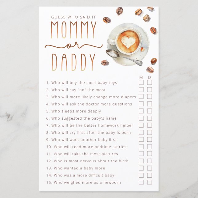 Mummy or Daddy Baby Shower Game Sheet (Front)