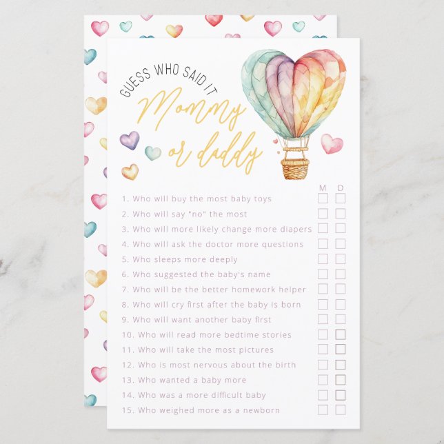 Mummy or Daddy Baby Shower Game Sheet (Front/Back)