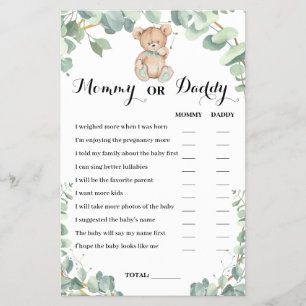Mummy or Daddy Bear Greenery Baby Shower Game Card