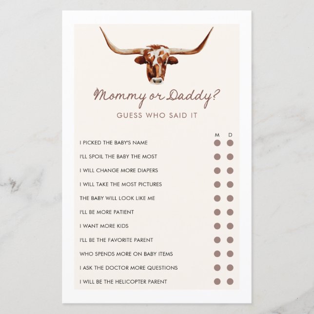 Mummy or Daddy Cowboy Western Baby Shower Game (Front)
