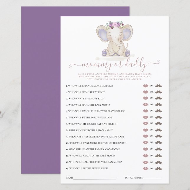Mummy or Daddy Elephant Girl Baby Shower Game (Front/Back)