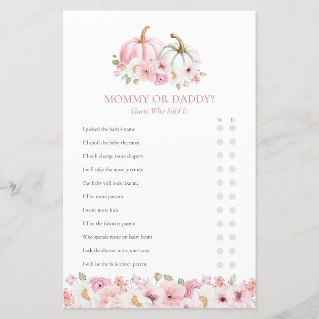 Mummy or Daddy Fall Girl Baby Shower Game (Front)