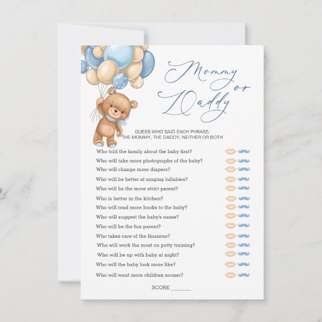 Mummy or Daddy Game Baby Shower Bear Balloons Invitation (Back)