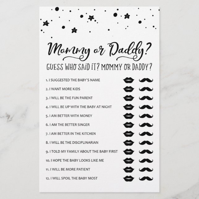 Mummy or Daddy Game Baby Shower Party game (Front)