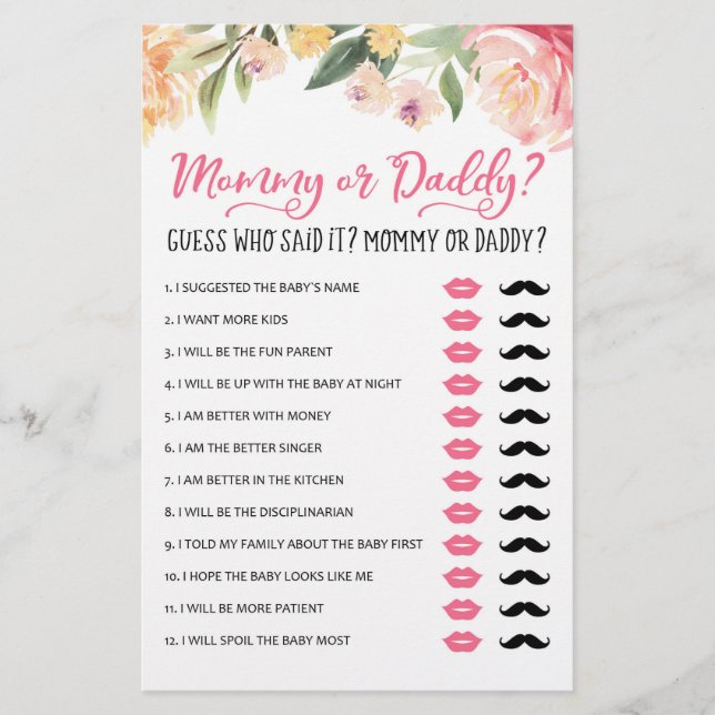 Mummy or Daddy Game Baby Shower Party game (Front)