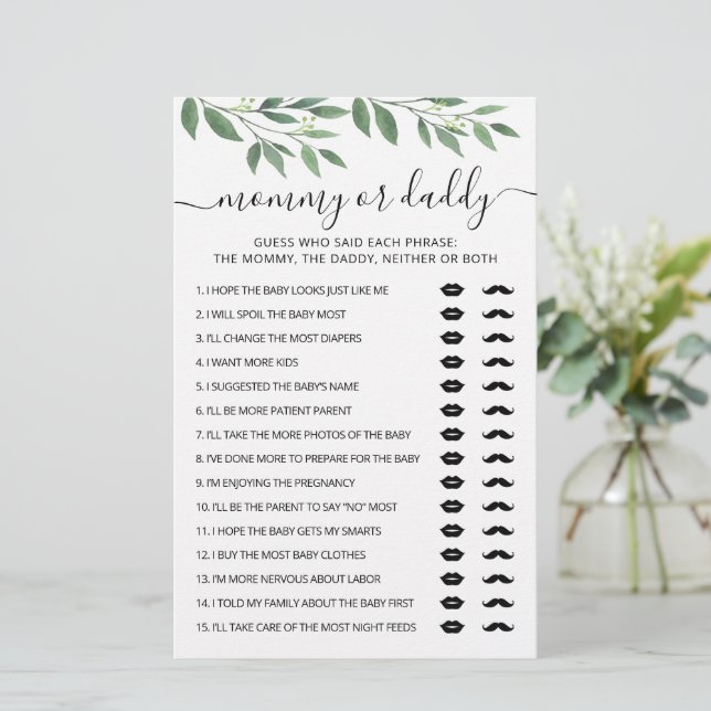 Mummy or Daddy game Baby Shower party Game card (Standing Front)