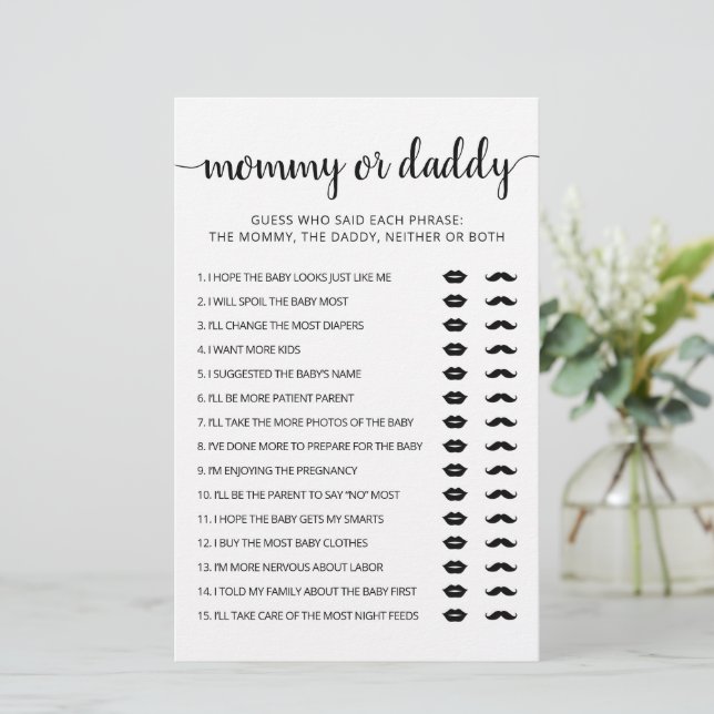 Mummy or Daddy game Baby Shower party Game card (Standing Front)
