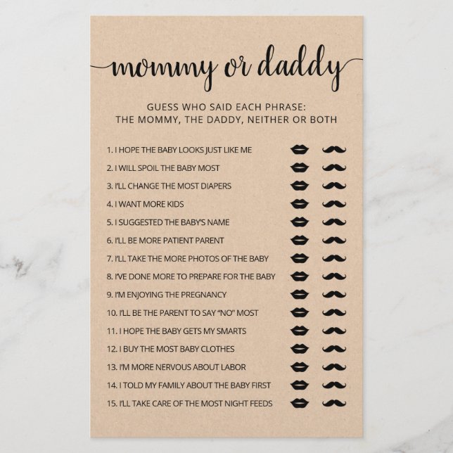 Mummy or Daddy game Baby Shower party Game card (Front)