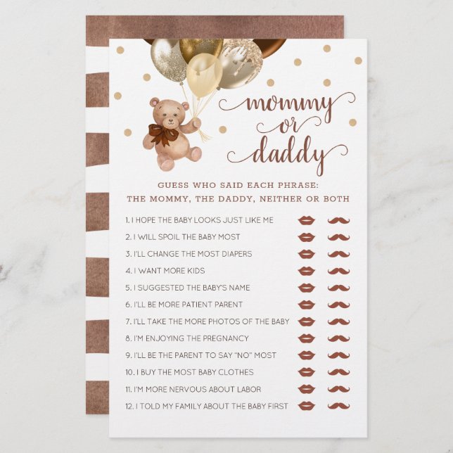 Mummy or Daddy Game Baby Shower Teddy Bear  (Front/Back)