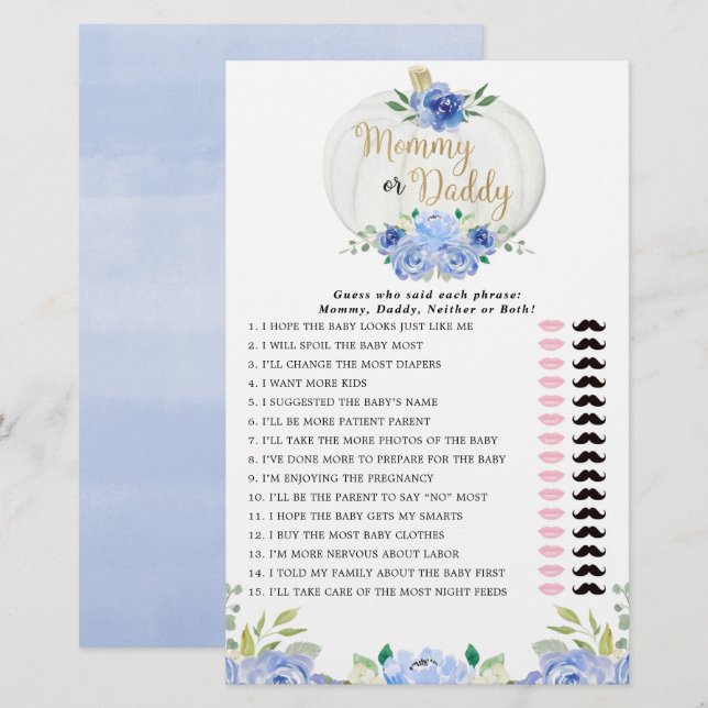 Mummy or Daddy game blue greenery fall pumpkins (Front/Back)