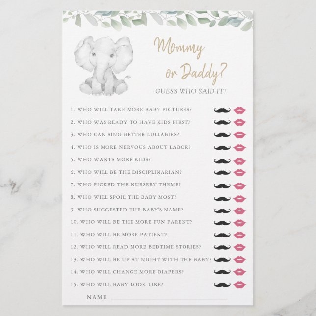 Mummy or Daddy Game Elephant Greenery Baby Shower (Front)