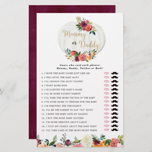 Mummy or Daddy game fall floral pumpkins (Front/Back)